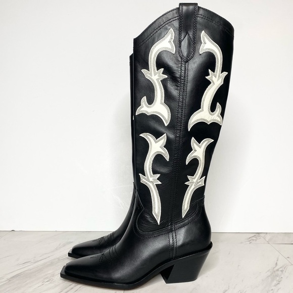 New! Dolce Vita Samare Black White Leather Tall Western Boot 5 1/2 M